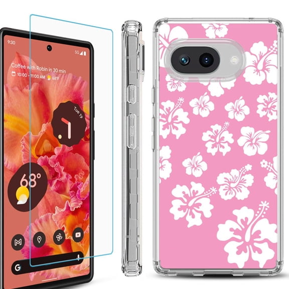 For Google Pixel 9a Phone Case Cover, Shockproof Bumper Case with Tempered Glass Screen Protector, by OneToughShield - Hibiscus Pink