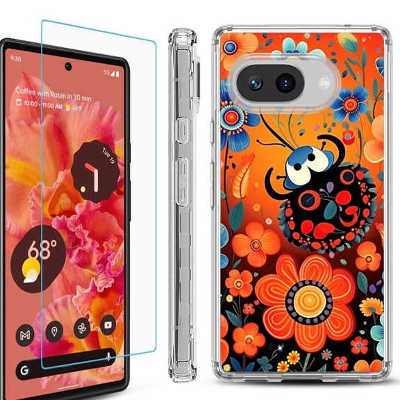 For Google Pixel 9a Phone Case Cover, Shockproof Bumper Case with Tempered Glass Screen Protector, by OneToughShield - Ladybug Flower