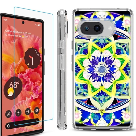 For Google Pixel 9a Phone Case Cover, Shockproof Bumper Case with Tempered Glass Screen Protector, by OneToughShield - Mandalas Color