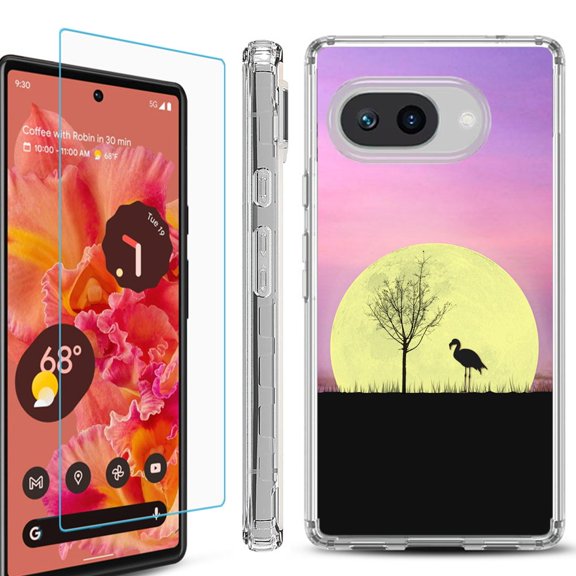 For Google Pixel 9a Phone Case Cover, Shockproof Bumper Case with Tempered Glass Screen Protector, by OneToughShield - Moonlight Flamingo