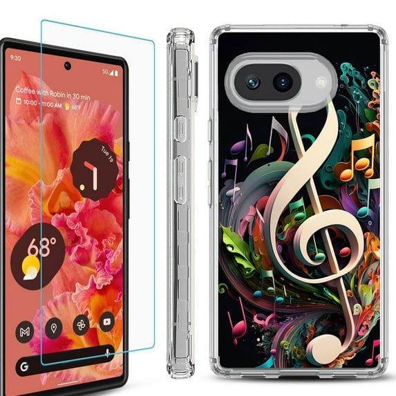 For Google Pixel 9a Phone Case Cover, Shockproof Bumper Case with Tempered Glass Screen Protector, by OneToughShield - Music Notes Colorful