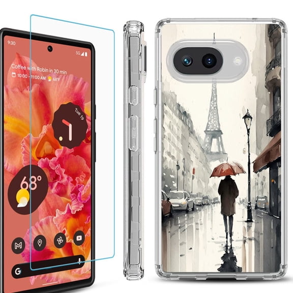 For Google Pixel 9a Phone Case Cover, Shockproof Bumper Case with Tempered Glass Screen Protector, by OneToughShield - Paris in the Rain