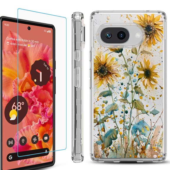 For Google Pixel 9a Phone Case Cover, Shockproof Bumper Case with Tempered Glass Screen Protector, by OneToughShield - Pastel Sunflowers