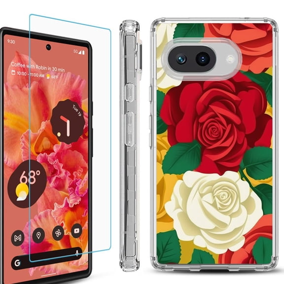 For Google Pixel 9a Phone Case Cover, Shockproof Bumper Case with Tempered Glass Screen Protector, by OneToughShield - Radiant Rose