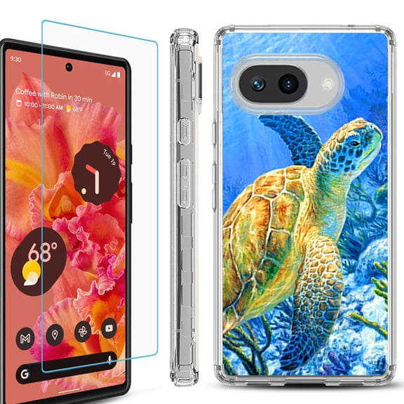 For Google Pixel 9a Phone Case Cover, Shockproof Bumper Case with Tempered Glass Screen Protector, by OneToughShield - Sea Turtle