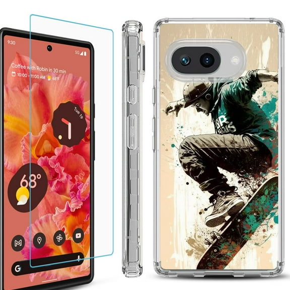 For Google Pixel 9a Phone Case Cover, Shockproof Bumper Case with Tempered Glass Screen Protector, by OneToughShield - Skateboarding