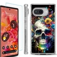 thumbnail image 1 of For Google Pixel 9a Phone Case Cover, Shockproof Bumper Case with Tempered Glass Screen Protector, by OneToughShield - Skull Flower, 1 of 3