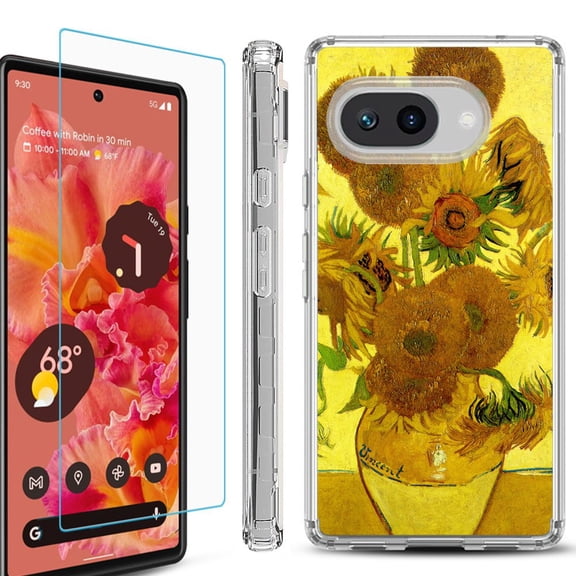 For Google Pixel 9a Phone Case Cover, Shockproof Bumper Case with Tempered Glass Screen Protector, by OneToughShield - Sunflower