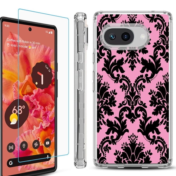 For Google Pixel 9a Phone Case Cover, Shockproof Bumper Case with Tempered Glass Screen Protector, by OneToughShield - Victorian Pink/Black