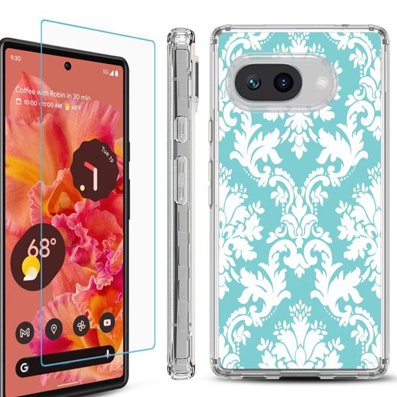 For Google Pixel 9a Phone Case Cover, Shockproof Bumper Case with Tempered Glass Screen Protector, by OneToughShield - Victorian White/Teal