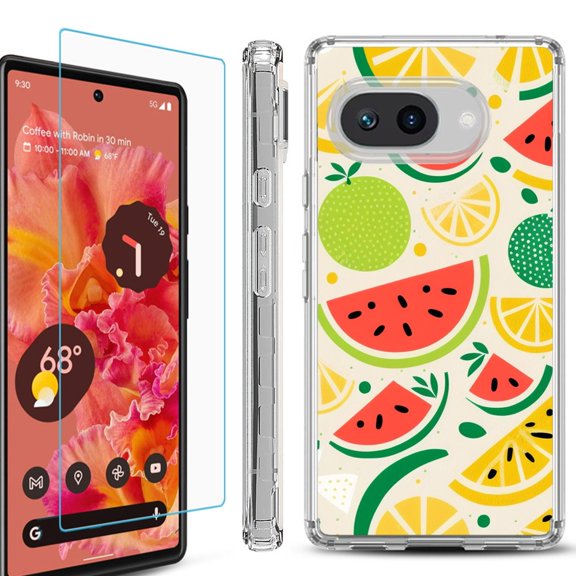 For Google Pixel 9a Phone Case Cover, Shockproof Bumper Case with Tempered Glass Screen Protector, by OneToughShield - Watermelon Mix