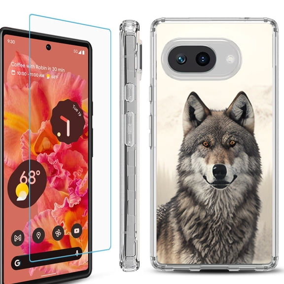 For Google Pixel 9a Phone Case Cover, Shockproof Bumper Case with Tempered Glass Screen Protector, by OneToughShield - Wolf Snow