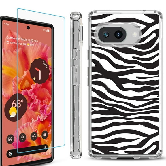 For Google Pixel 9a Phone Case Cover, Shockproof Bumper Case with Tempered Glass Screen Protector, by OneToughShield - Zebra B/W
