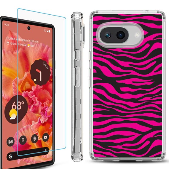 For Google Pixel 9a Phone Case Cover, Shockproof Bumper Case with Tempered Glass Screen Protector, by OneToughShield - Zebra Pink