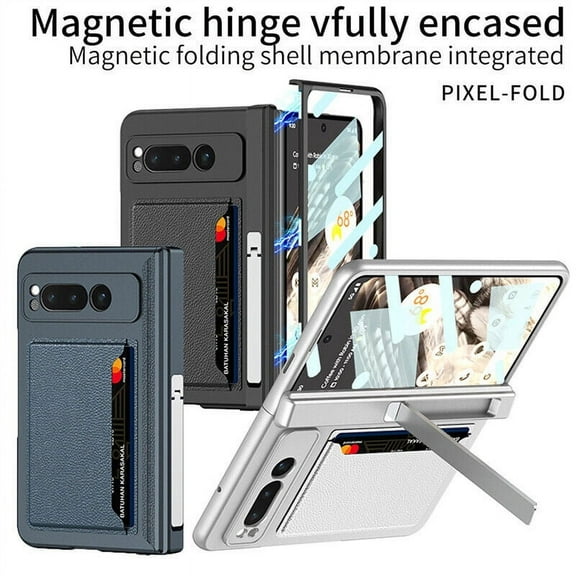 For Google Pixel Fold Magnetic Hinge Back Case Card Slot Stand Cover with Tempered Screen Protector