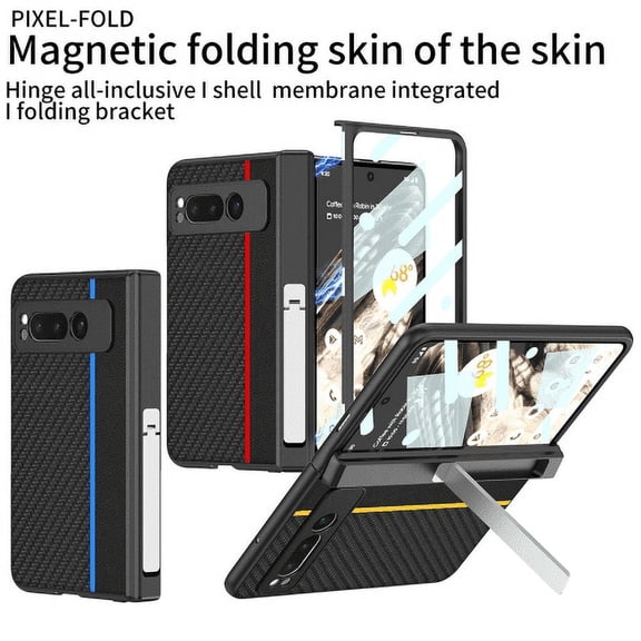 For Google Pixel Fold With Buil-in Screen Protector, Full Protection Fold Shockproof Carbon Fibre Pattern Hinge Protector Stand Case Cover
