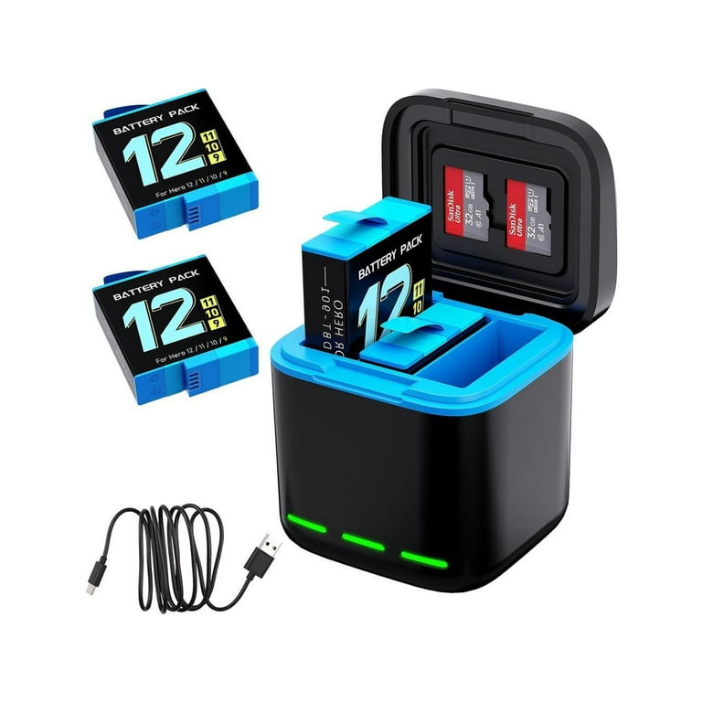 1750mAh 2-Pack Battery & 3-Channel Charger for GoPro Hero 12/11/10 