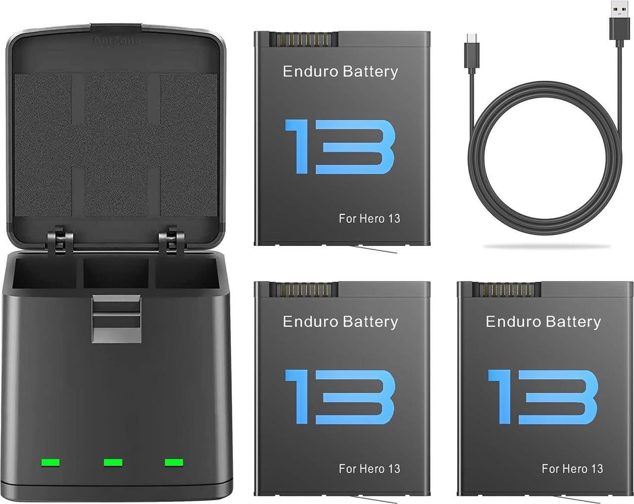 Batterie PoweLyt Hero 13 Enduro 2100mAh – Set Da 3 Con Caricabatterie 3 Slot E Cavo Type-C, Compatibili Con GoPro HERO 13 Black