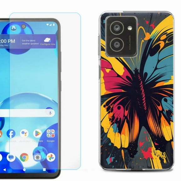 For HMD Vibe Shockproof Phone Case Cover with Tempered Glass Screen Protector, by OneToughShield - Abstract Butterfly