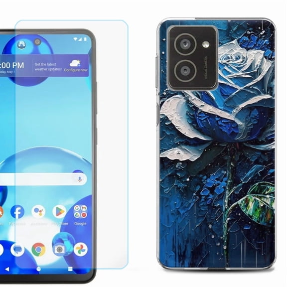 For HMD Vibe Shockproof Phone Case Cover with Tempered Glass Screen Protector, by OneToughShield - Blue Rose