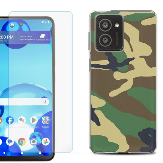 For HMD Vibe Shockproof Phone Case Cover with Tempered Glass Screen Protector, by OneToughShield - Camo Green