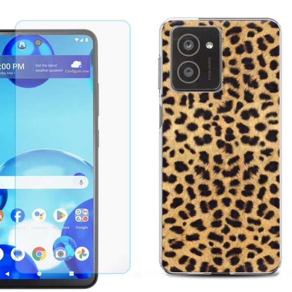 For HMD Vibe Shockproof Phone Case Cover with Tempered Glass Screen Protector, by OneToughShield - Cheetah Gold/Black