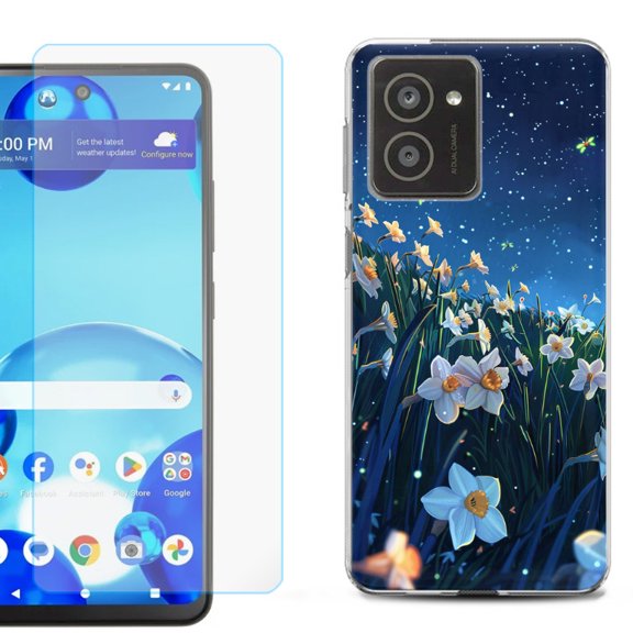 For HMD Vibe Shockproof Phone Case Cover with Tempered Glass Screen Protector, by OneToughShield - Daffodils Night