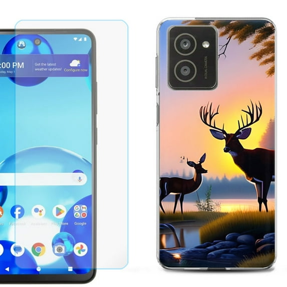 For HMD Vibe Shockproof Phone Case Cover with Tempered Glass Screen Protector, by OneToughShield - Deer Sunset