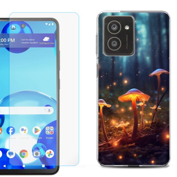 For HMD Vibe Shockproof Phone Case Cover with Tempered Glass Screen Protector, by OneToughShield - Fireflies Mushroom