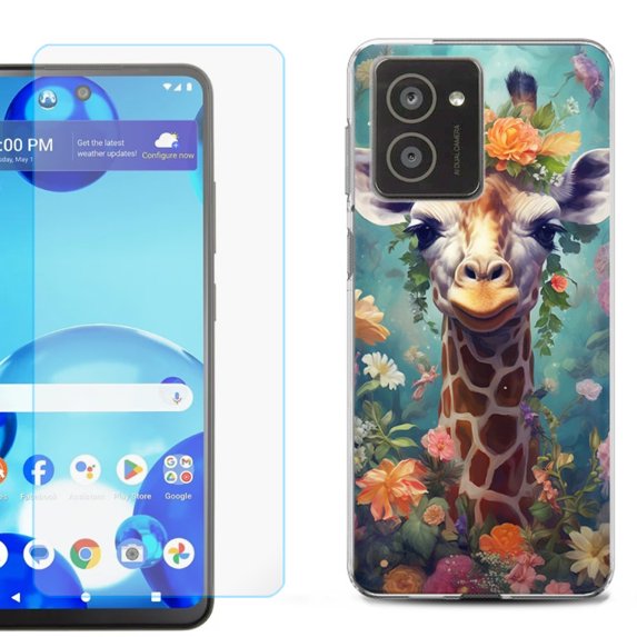 For HMD Vibe Shockproof Phone Case Cover with Tempered Glass Screen Protector, by OneToughShield - Giraffe Flower