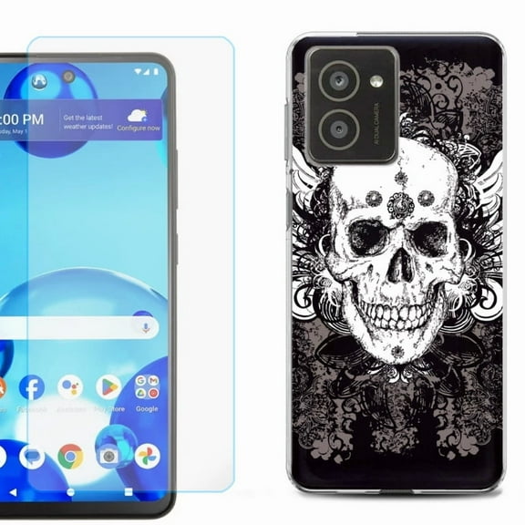 For HMD Vibe Shockproof Phone Case Cover with Tempered Glass Screen Protector, by OneToughShield - Grunge Skull