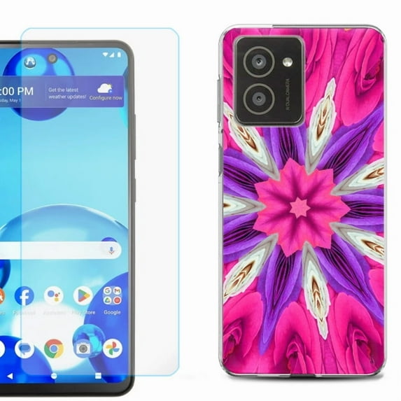 For HMD Vibe Shockproof Phone Case Cover with Tempered Glass Screen Protector, by OneToughShield - Kaleidoscope Rose