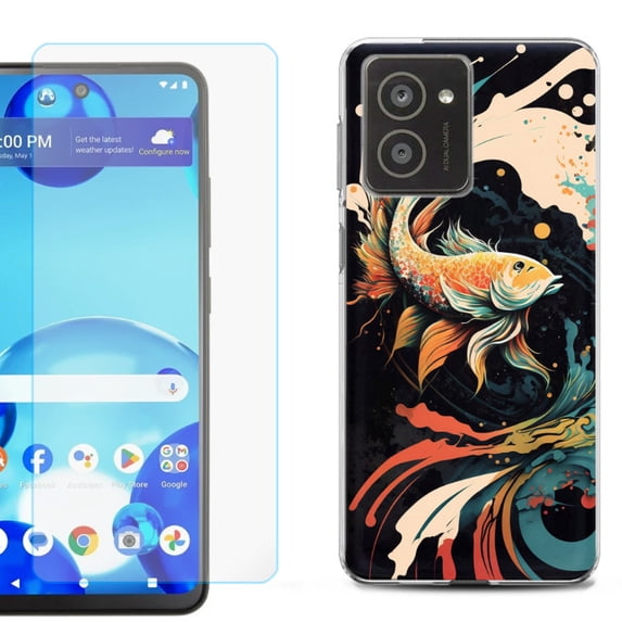 For HMD Vibe Shockproof Phone Case Cover with Tempered Glass Screen Protector, by OneToughShield - Koi Fish