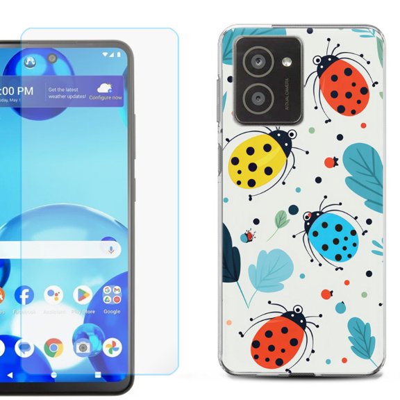 For HMD Vibe Shockproof Phone Case Cover with Tempered Glass Screen Protector, by OneToughShield - Ladybug Mix