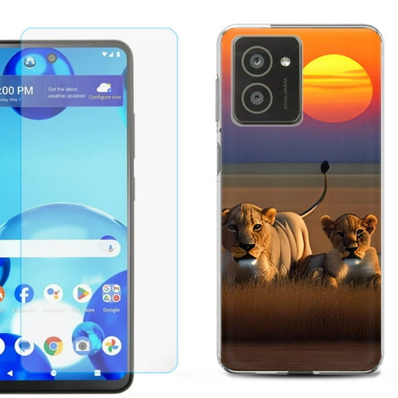 For HMD Vibe Shockproof Phone Case Cover with Tempered Glass Screen Protector, by OneToughShield - Lion Sunset