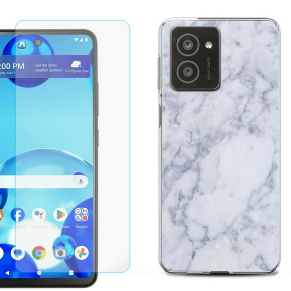 For HMD Vibe Shockproof Phone Case Cover with Tempered Glass Screen Protector, by OneToughShield - Marble / Clouds