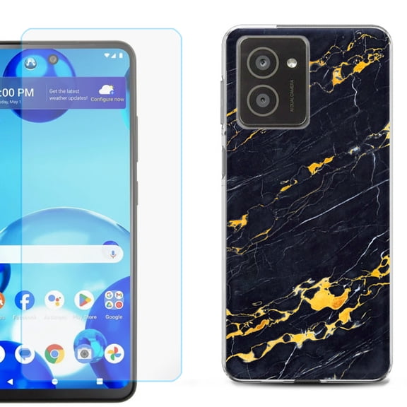For HMD Vibe Shockproof Phone Case Cover with Tempered Glass Screen Protector, by OneToughShield - Marble / Lava