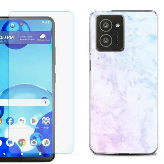 For HMD Vibe Shockproof Phone Case Cover with Tempered Glass Screen Protector, by OneToughShield - Marble Pink/Blue