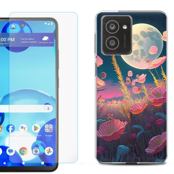 For HMD Vibe Shockproof Phone Case Cover with Tempered Glass Screen Protector, by OneToughShield - Moon Poppies