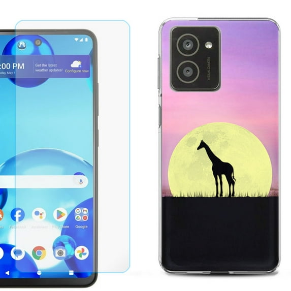For HMD Vibe Shockproof Phone Case Cover with Tempered Glass Screen Protector, by OneToughShield - Moonlight Giraffe