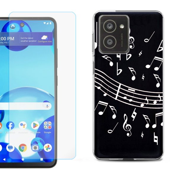 For HMD Vibe Shockproof Phone Case Cover with Tempered Glass Screen Protector, by OneToughShield - Music Notes / Black