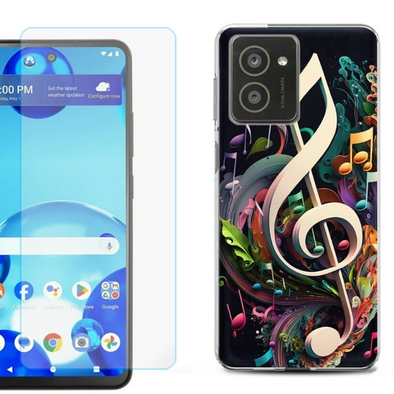 For HMD Vibe Shockproof Phone Case Cover with Tempered Glass Screen Protector, by OneToughShield - Music Notes Colorful