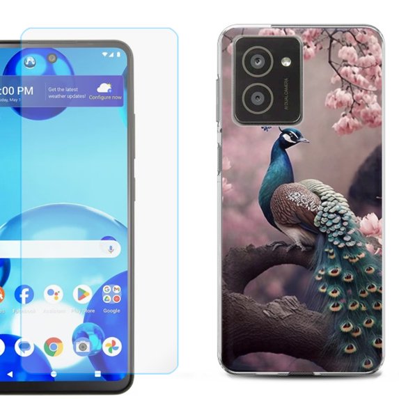 For HMD Vibe Shockproof Phone Case Cover with Tempered Glass Screen Protector, by OneToughShield - Peacock Flower