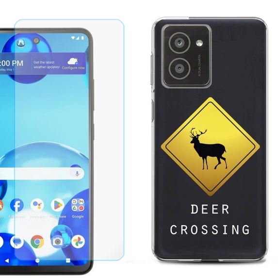 For HMD Vibe Shockproof Phone Case Cover with Tempered Glass Screen Protector, by OneToughShield - Road Sign Deer