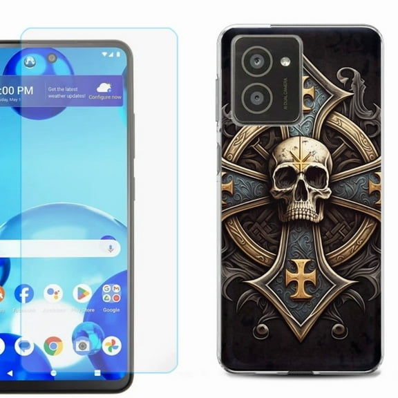 For HMD Vibe Shockproof Phone Case Cover with Tempered Glass Screen Protector, by OneToughShield - Skull Art