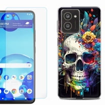 For HMD Vibe Shockproof Phone Case Cover with Tempered Glass Screen Protector, by OneToughShield - Skull Flower