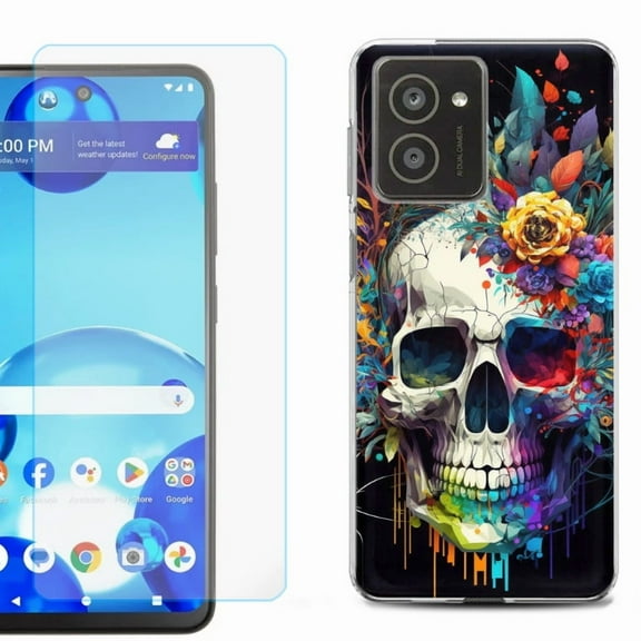 For HMD Vibe Shockproof Phone Case Cover with Tempered Glass Screen Protector, by OneToughShield - Skull Flower