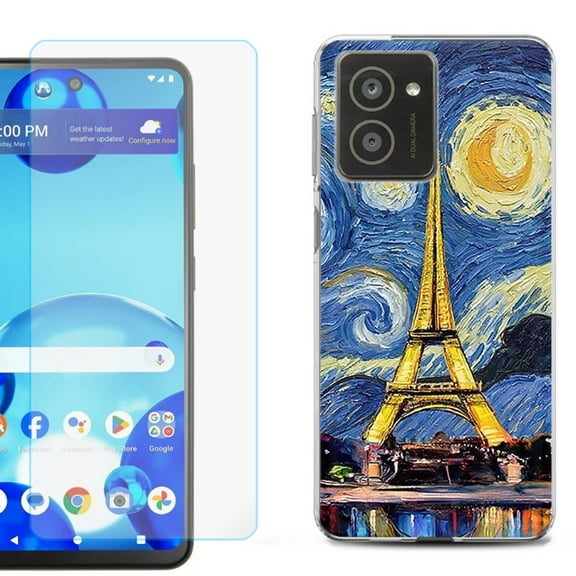 For HMD Vibe Shockproof Phone Case Cover with Tempered Glass Screen Protector, by OneToughShield - Starry Night Eiffel