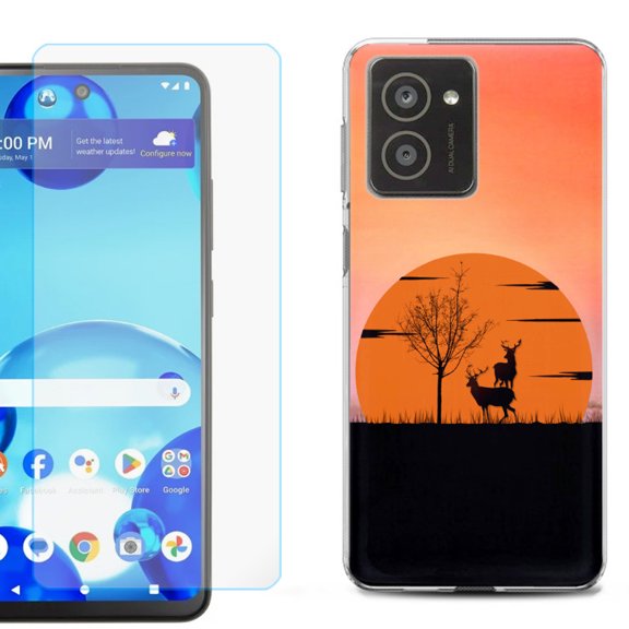 For HMD Vibe Shockproof Phone Case Cover with Tempered Glass Screen Protector, by OneToughShield - Sunset Deer