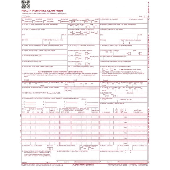For Handwritten Use - CMS 1500 / HCFA 1500 Medical Billing Forms (CMS12S) - 25 Sheets